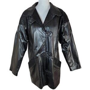 Comint Black Leather Jacket Trench Women's Medium 90s Vintage Goth Cyber Grunge